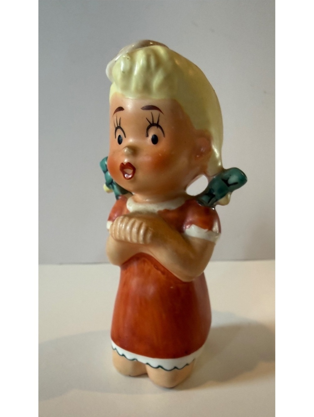 Vintage 1950s Japan Ceramic Blonde Girl Figurine Red Dress 4.25”